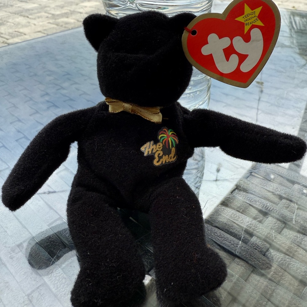 Ty Beanie Baby Black Bear with Gold Bow “The End” Bear